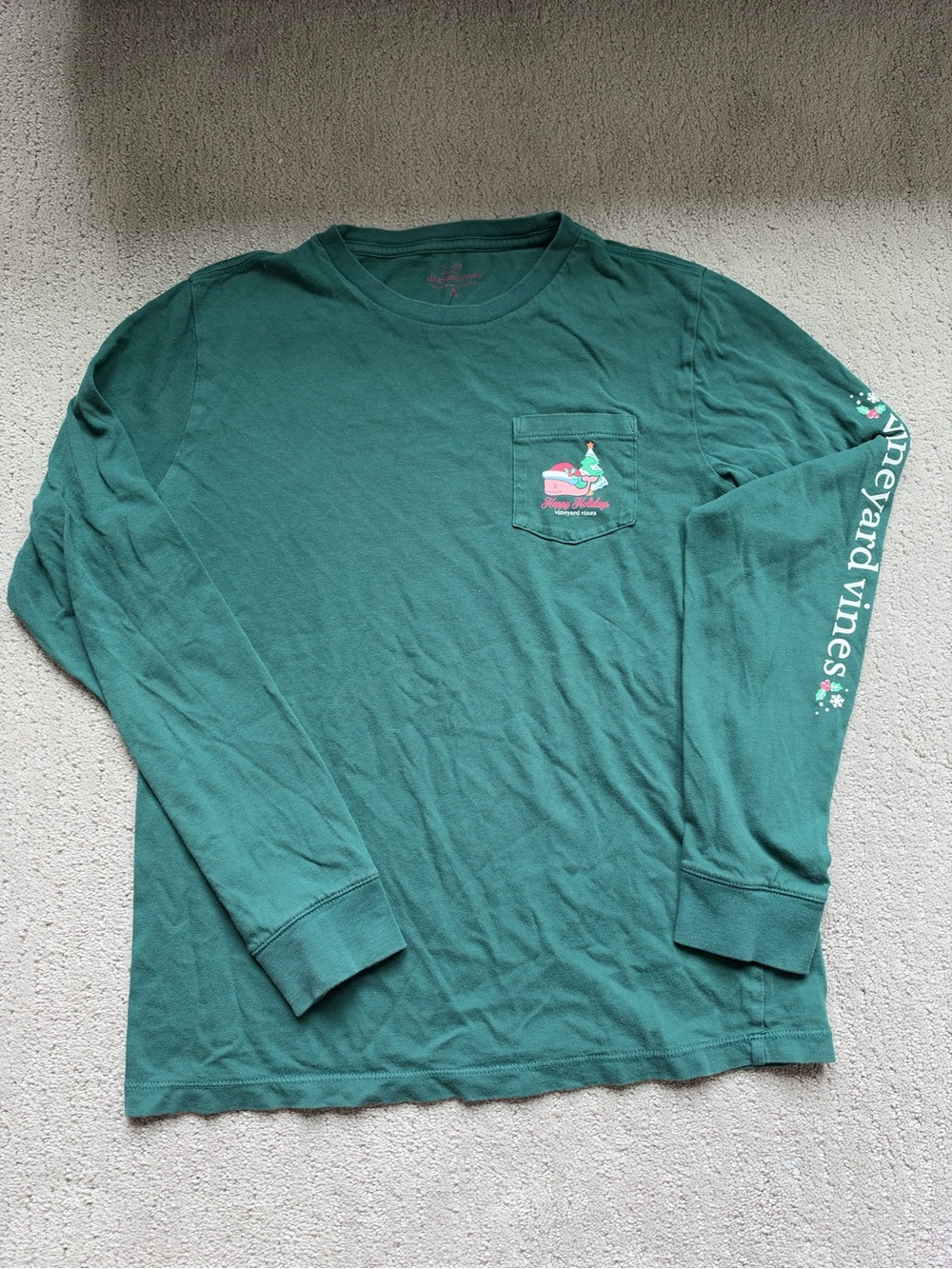 Vineyard Vines Kids Long-Sleeve Happy Holidays Tee - Teal Green with Pink Accent